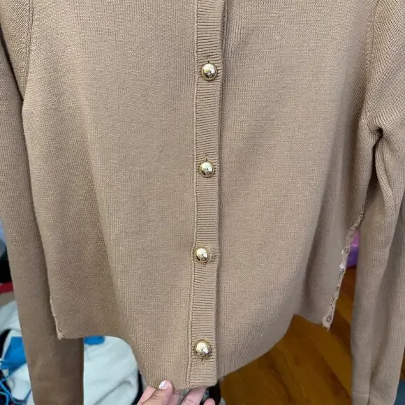 Cami NYC Aurla Wool Crop Cardigan Caramel Brown Size Large Feminine Lace Floral - Picture 9 of 14